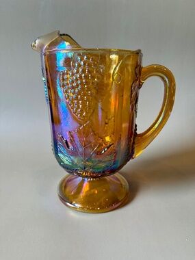Vintage Indiana Glass Marigold Carnival Grape Vine Pitcher | Iridescent Pedestal